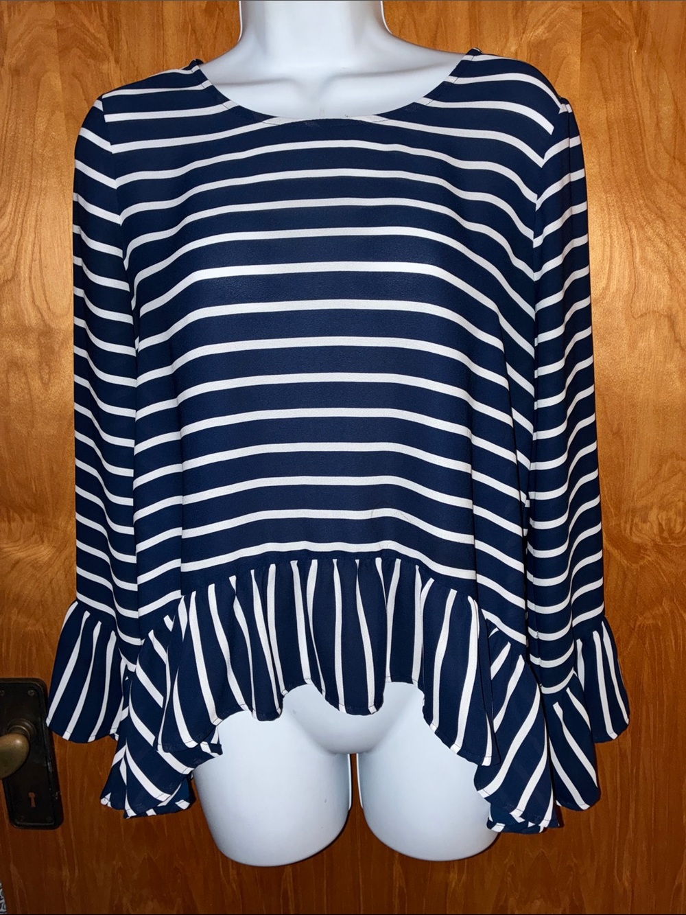 a.n.a A New Approach Navy and White Striped Ruffle Hem Blouse Top - Size M